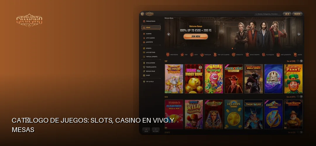 Catálogo de juegos: slots, casino en vivo y mesas
